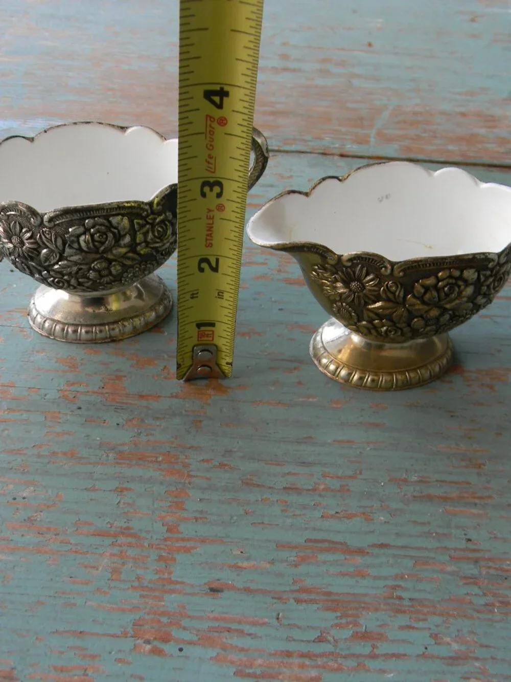 VINTAGE MINI Silver Plated Sugar Creamer Set Porcelain Lined, Floral EMBOSSED